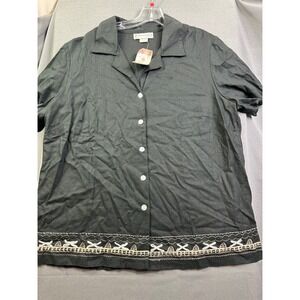 Dressbarn Woman Black Embroidered Hem Button Down Shirt NWT 2X Short Sleeve
